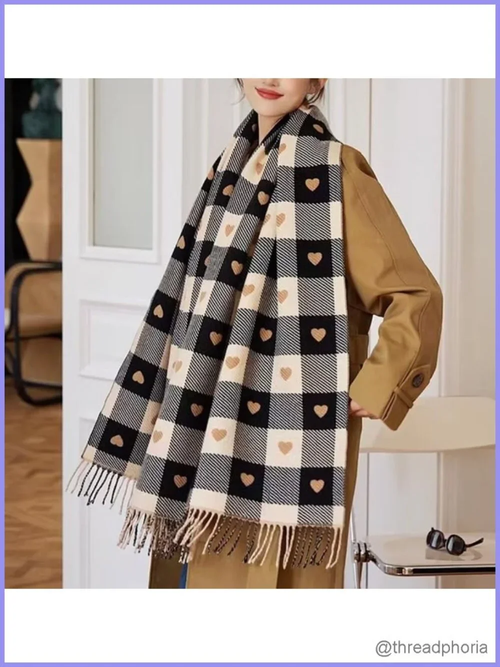 Oversized Plaid Heart Scarf Wrap Pashmina Shawl for Women Cozy Winter